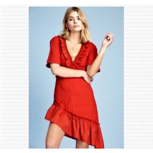 Finders Keepers Memento Dress Red Asymmetrical Ruffle Hem Embroidery Sz M - Picture 5 of 16